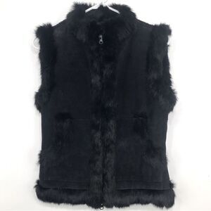 Sisters Black Suede Leather Fur Trim Knit Zip Up Vest